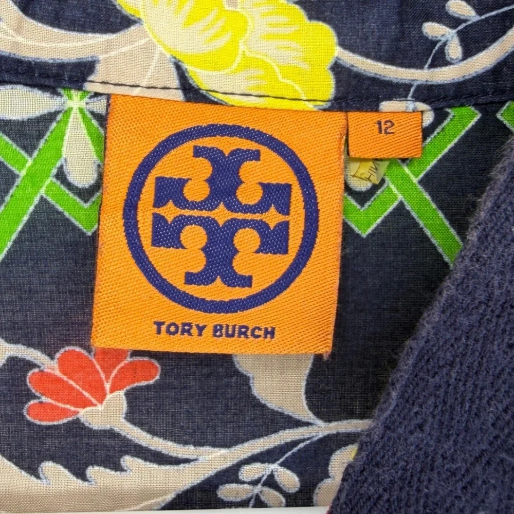 Tory Burch Women Sz 12 Navy Green Floral Medallion Tunic Side Zip Cotton Top